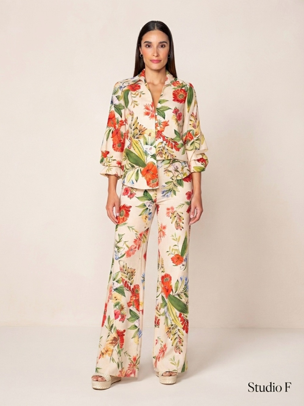 Studio F Women's Floral Coord Set with Wide-Leg Pants – Cream Linen